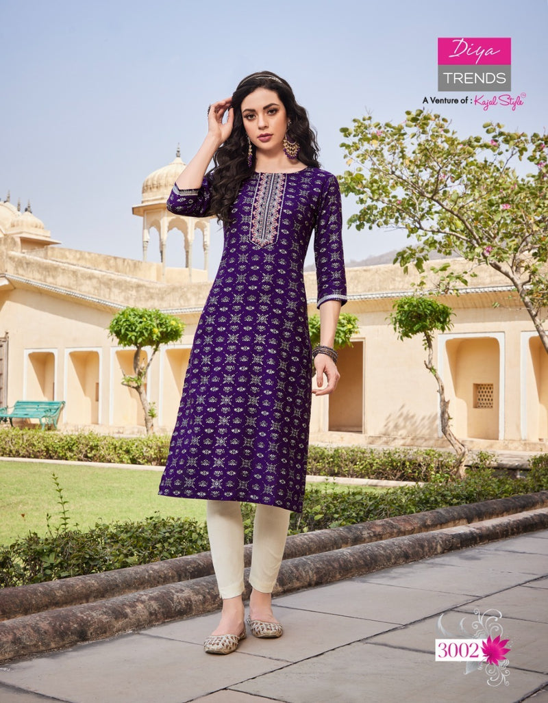 Diya Trends Victoria Vol 3 Rayon With Foil Print Fancy Stylish Party Wear Kurtis