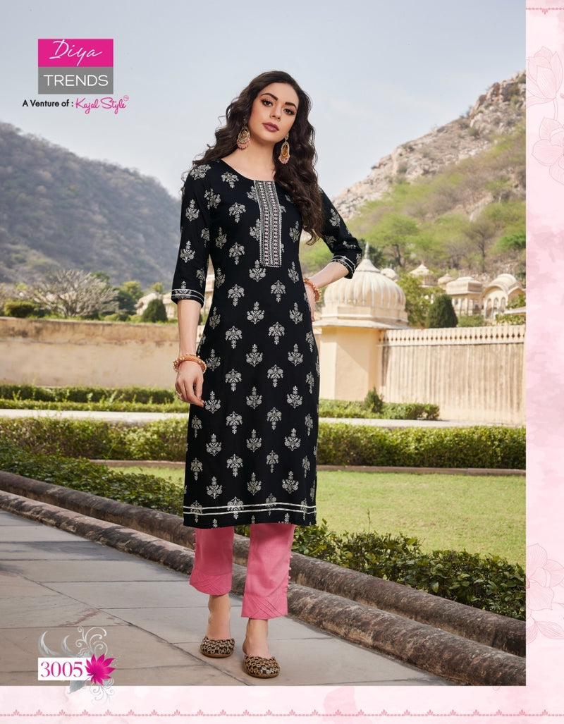 Diya Trends Victoria Vol 3 Rayon With Foil Print Fancy Stylish Party Wear Kurtis