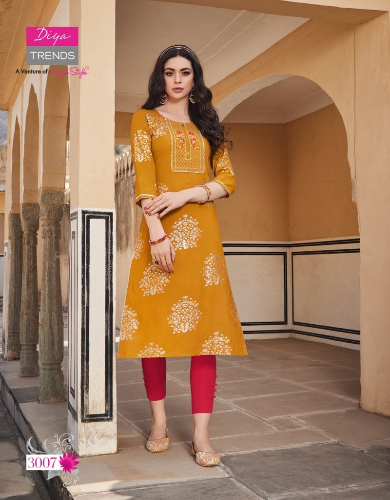 Diya Trends Victoria Vol 3 Rayon With Foil Print Fancy Stylish Party Wear Kurtis