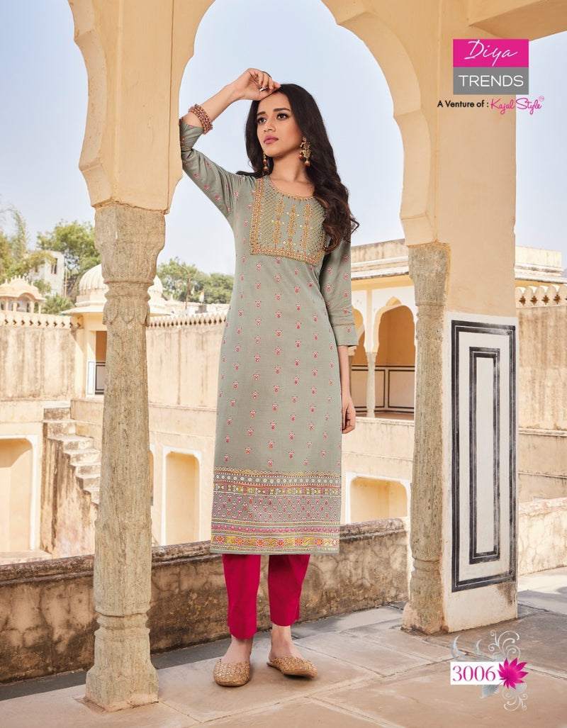 Diya Trends Victoria Vol 3 Rayon With Foil Print Fancy Stylish Party Wear Kurtis