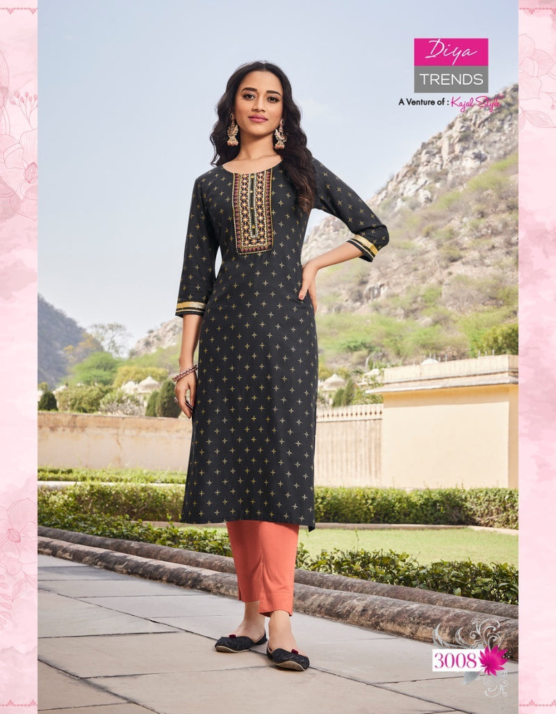 Diya Trends Victoria Vol 3 Rayon With Foil Print Fancy Stylish Party Wear Kurtis