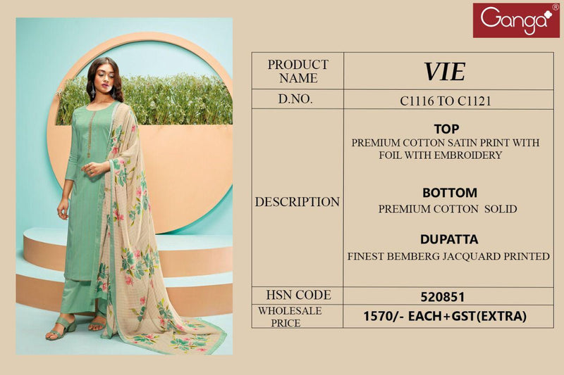Ganga Vie Dno C 1116 To C 1121 Satin Cotton With Heavy Embroidery Stylish Designer Party Wear Kurti