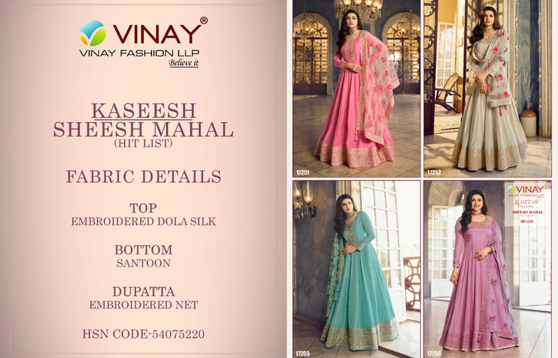 Vinay Fashion Kaseesh Sheesh Mahal Hit List Dola Silk Wedding Wear Embroidered Salwar Suits