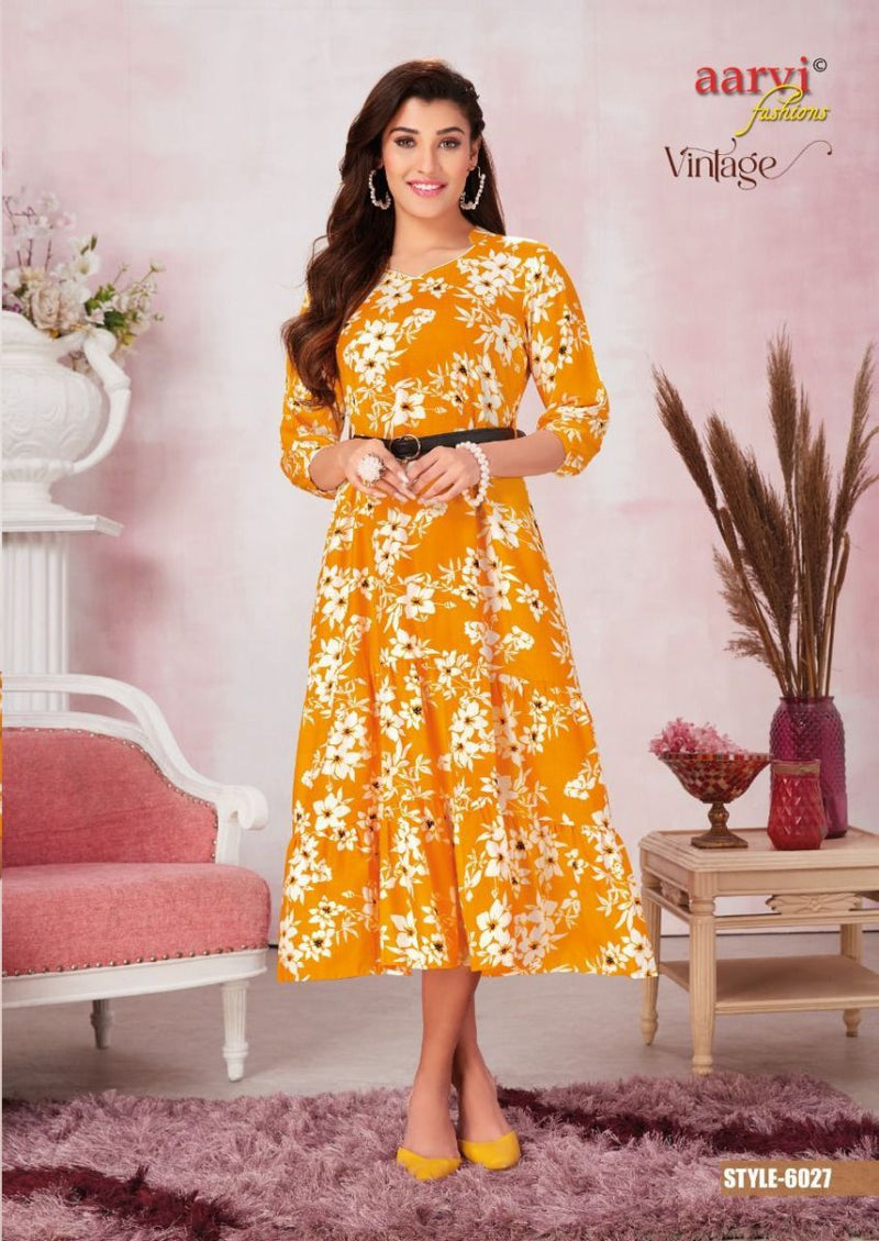 Aarvi Fashion Vintage Rayon Printed Western Wear Party Wear Kurtis