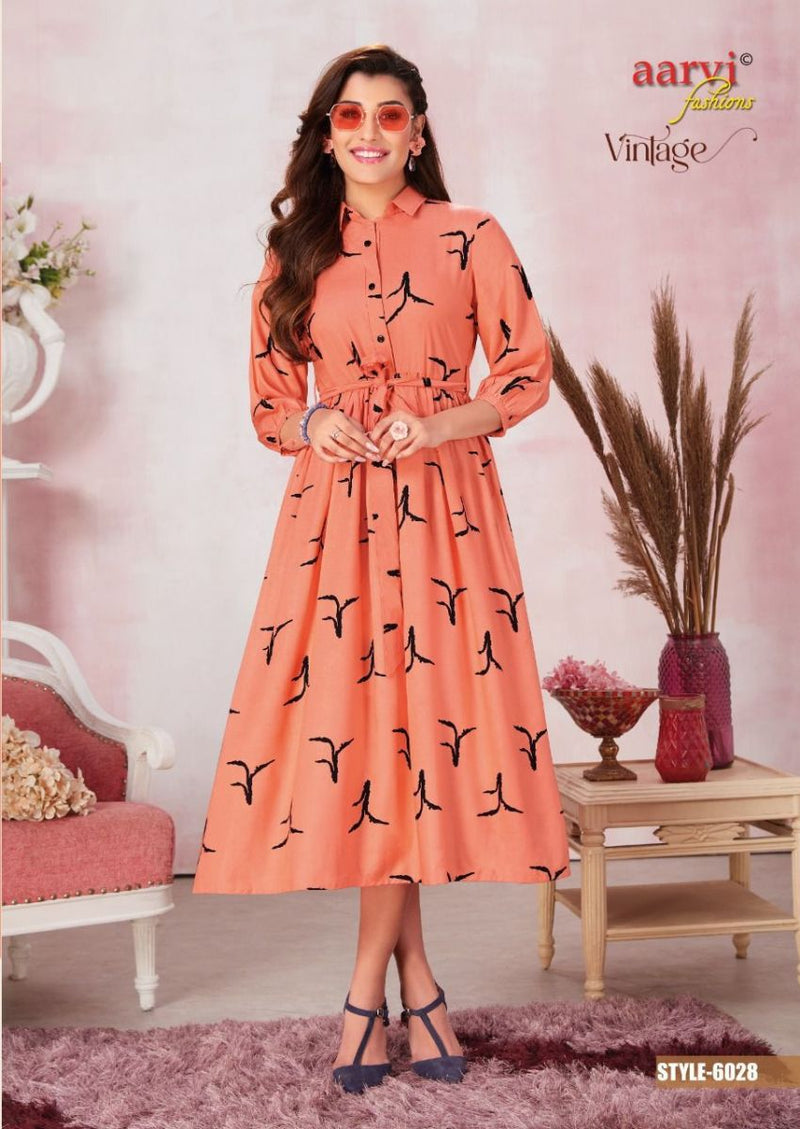 Aarvi Fashion Vintage Rayon Printed Western Wear Party Wear Kurtis