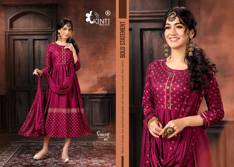 Kinti Virasat Rayon Foil Printed  Anarkali Style Party Wear Kurtis With Bottom