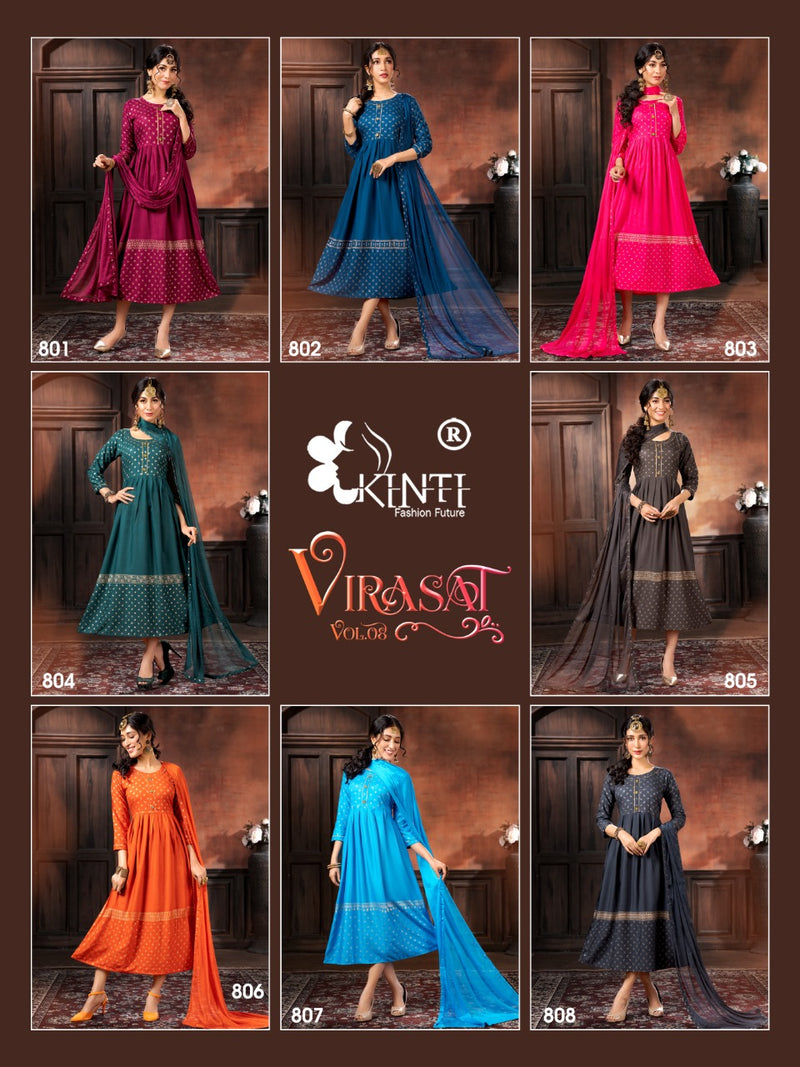Kinti Virasat Rayon Foil Printed  Anarkali Style Party Wear Kurtis With Bottom