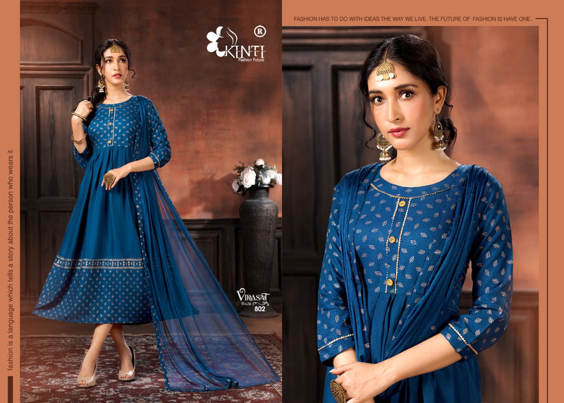 Kinti Virasat Rayon Foil Printed  Anarkali Style Party Wear Kurtis With Bottom