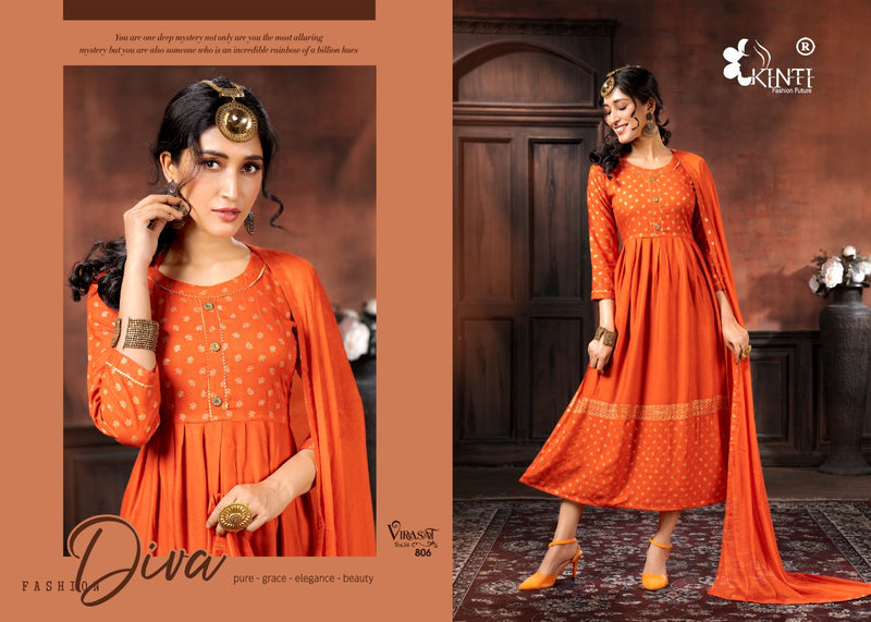 Kinti Virasat Rayon Foil Printed  Anarkali Style Party Wear Kurtis With Bottom