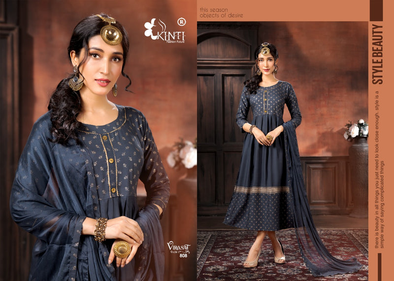 Kinti Virasat Rayon Foil Printed  Anarkali Style Party Wear Kurtis With Bottom