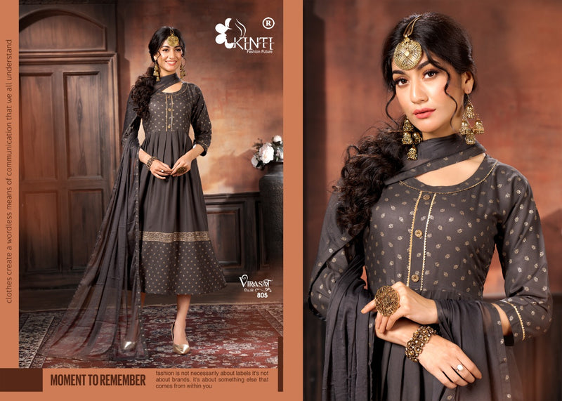 Kinti Virasat Rayon Foil Printed  Anarkali Style Party Wear Kurtis With Bottom