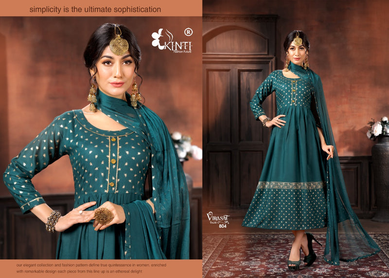 Kinti Virasat Rayon Foil Printed  Anarkali Style Party Wear Kurtis With Bottom