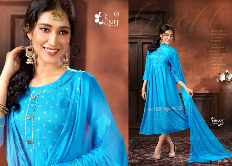 Kinti Virasat Rayon Foil Printed  Anarkali Style Party Wear Kurtis With Bottom