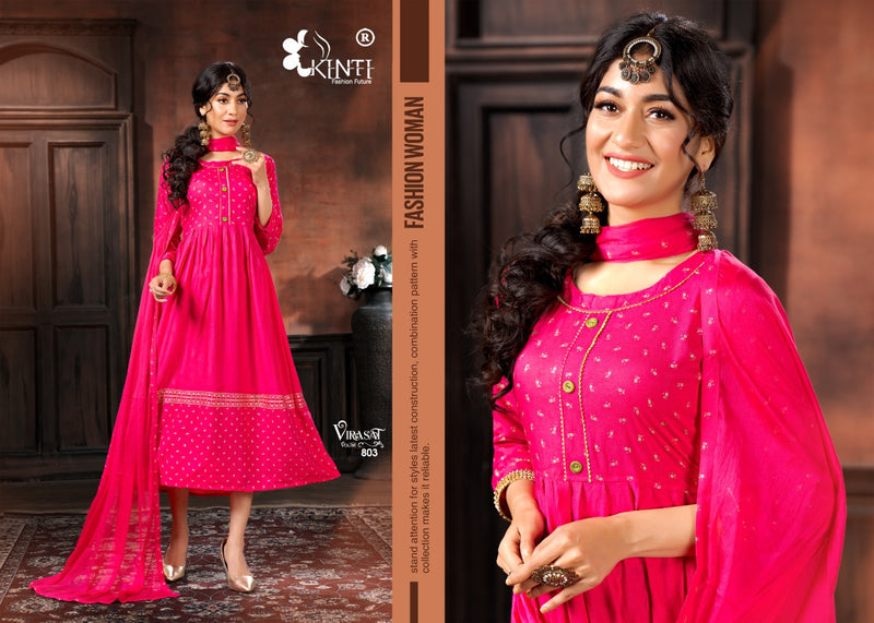 Kinti Virasat Rayon Foil Printed  Anarkali Style Party Wear Kurtis With Bottom