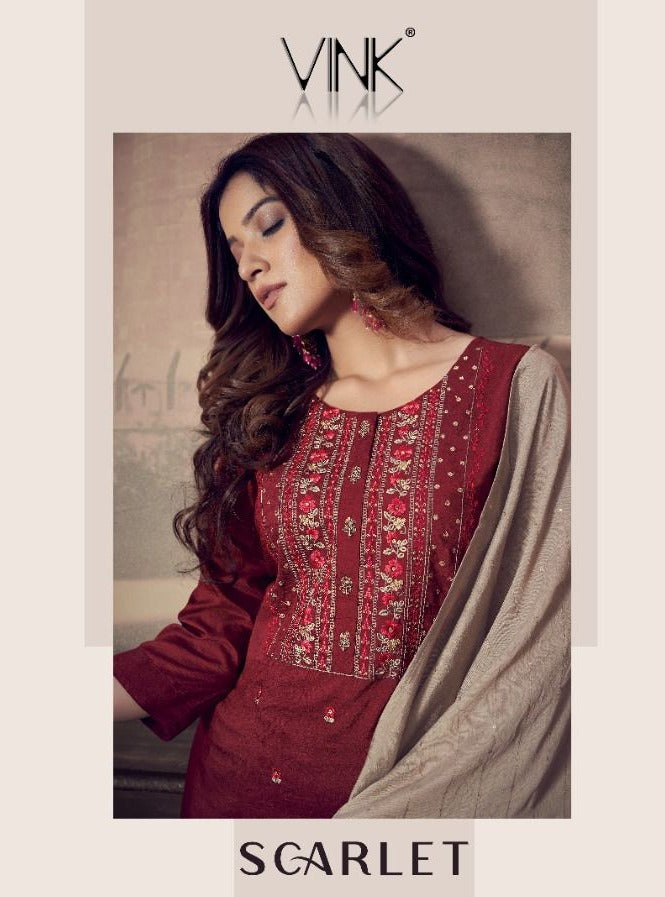 Vink Scarlet Maslin Embroidery Work Kurti With Sharara Jacquard Dupatta