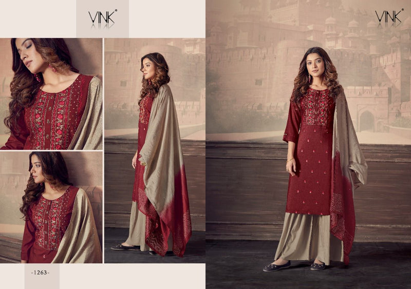 Vink Scarlet Maslin Embroidery Work Kurti With Sharara Jacquard Dupatta