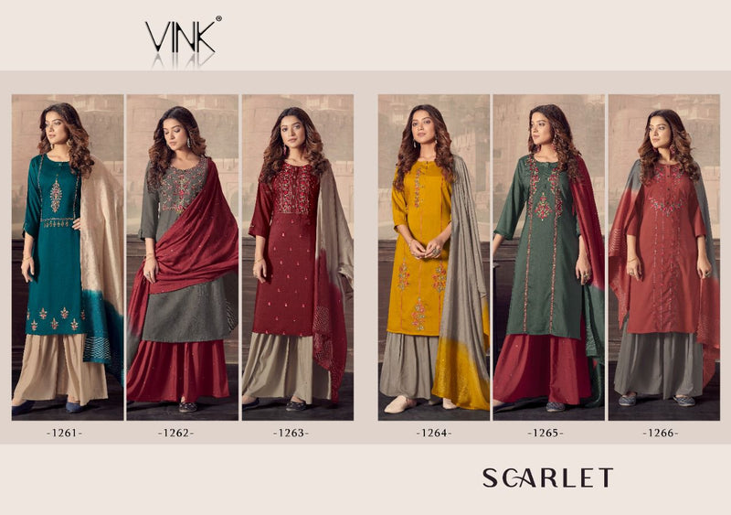 Vink Scarlet Maslin Embroidery Work Kurti With Sharara Jacquard Dupatta