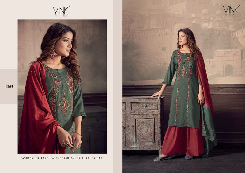 Vink Scarlet Maslin Embroidery Work Kurti With Sharara Jacquard Dupatta