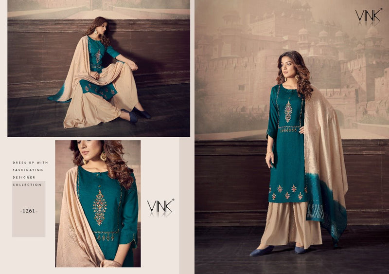 Vink Scarlet Maslin Embroidery Work Kurti With Sharara Jacquard Dupatta