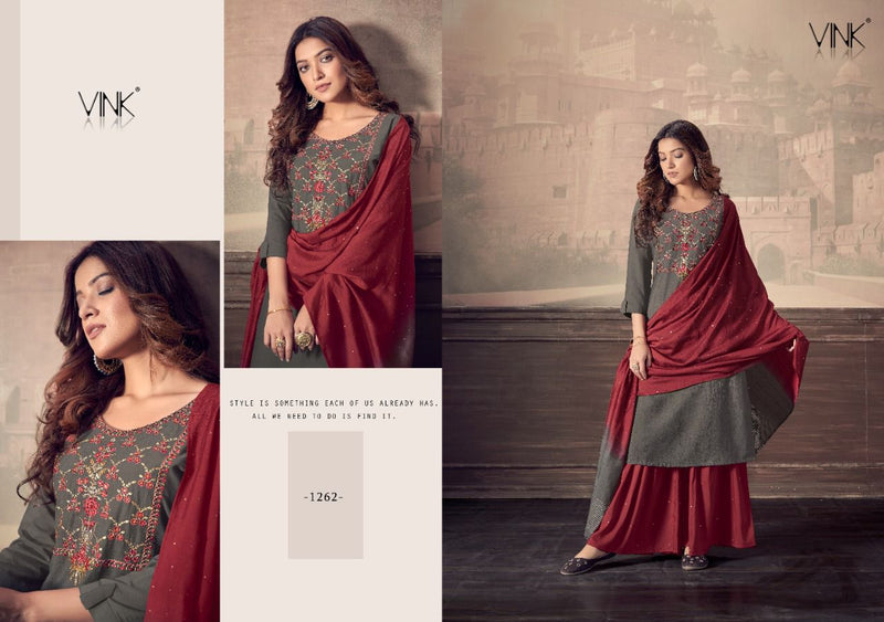 Vink Scarlet Maslin Embroidery Work Kurti With Sharara Jacquard Dupatta