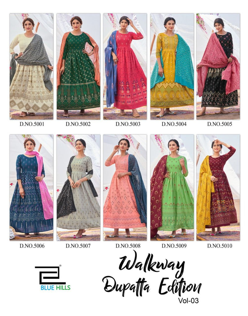 Blue Hills Walkway Dupatta Edition Vol 3 Rayon Fancy Long Gown Style Party Wear Kurtis