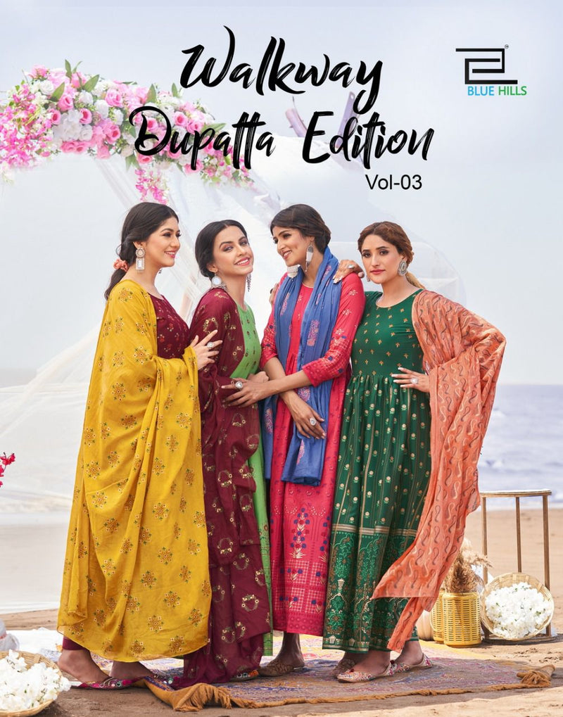 Blue Hills Walkway Dupatta Edition Vol 3 Rayon Fancy Long Gown Style Party Wear Kurtis