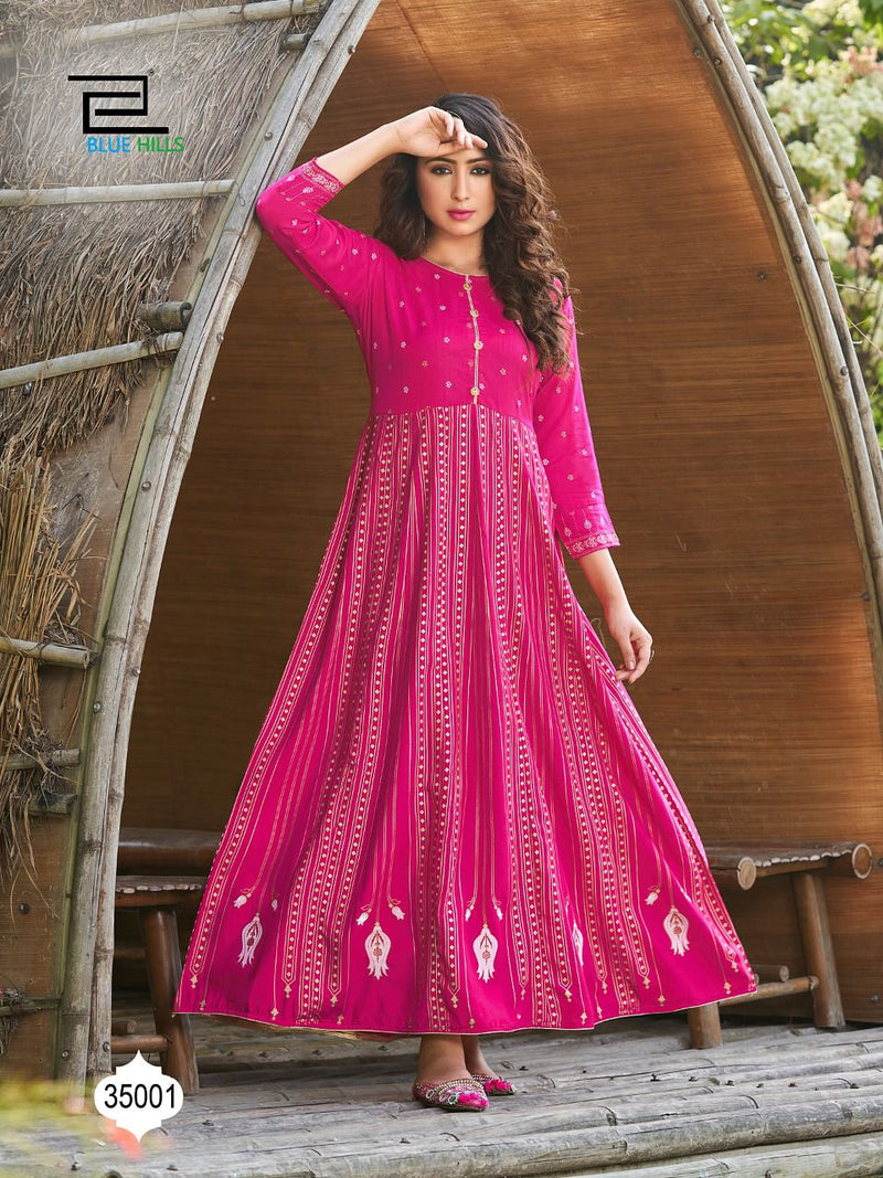 Blue Hills Walkway Vol 35 Rayon Gown Style Party Wear Kurtis With Foil Print