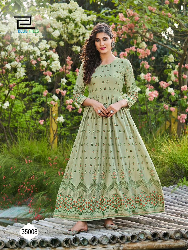 Blue Hills Walkway Vol 35 Rayon Gown Style Party Wear Kurtis With Foil Print