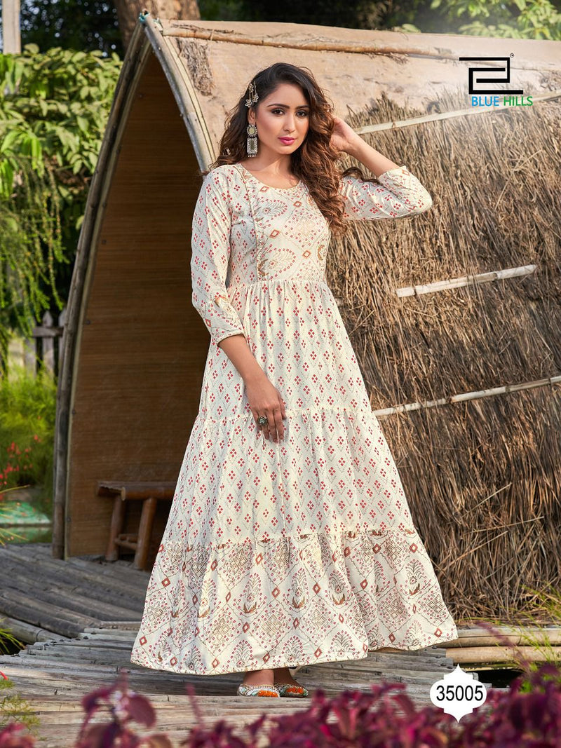Blue Hills Walkway Vol 35 Rayon Gown Style Party Wear Kurtis With Foil Print