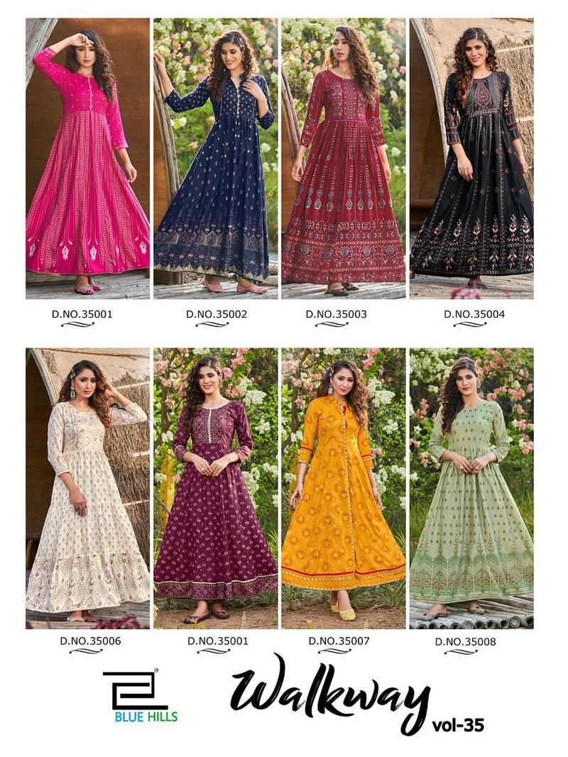 Blue Hills Walkway Vol 35 Rayon Gown Style Party Wear Kurtis With Foil Print