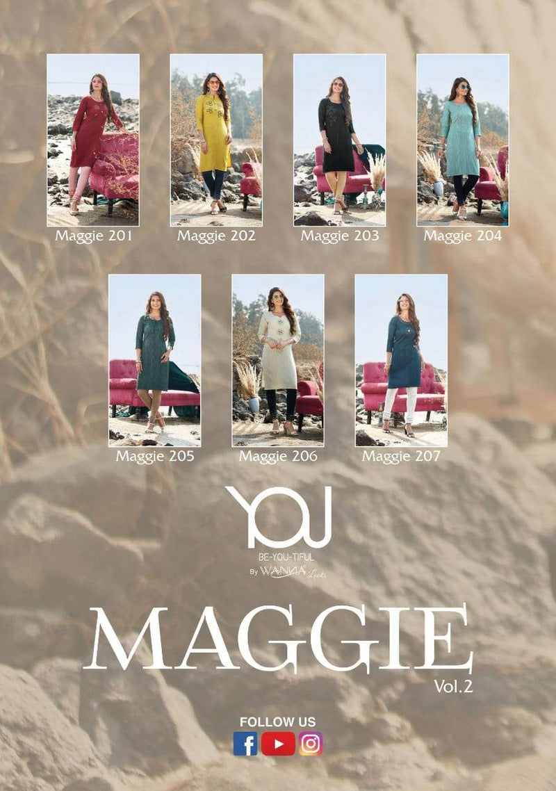 Wanna Maggie Vol 2 Rayon Stylish Fancy Party Wear Kurtis With Bottom & Banarasi Dupatta