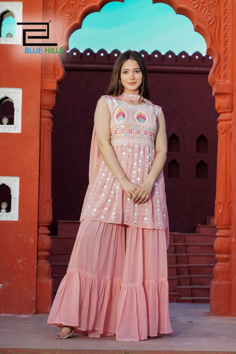 Blue Hills Wedding Season Fox Georgette Party Wear Designer Kurtis With Sharara Bottom & Dupatta