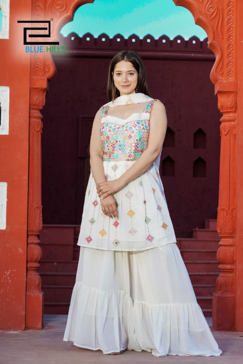 Blue Hills Wedding Season Fox Georgette Party Wear Designer Kurtis With Sharara Bottom & Dupatta