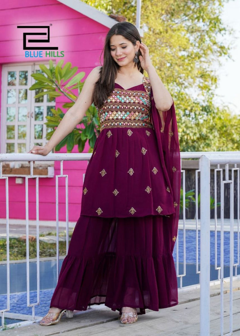 Blue Hills Wedding Season Fox Georgette Party Wear Designer Kurtis With Sharara Bottom & Dupatta