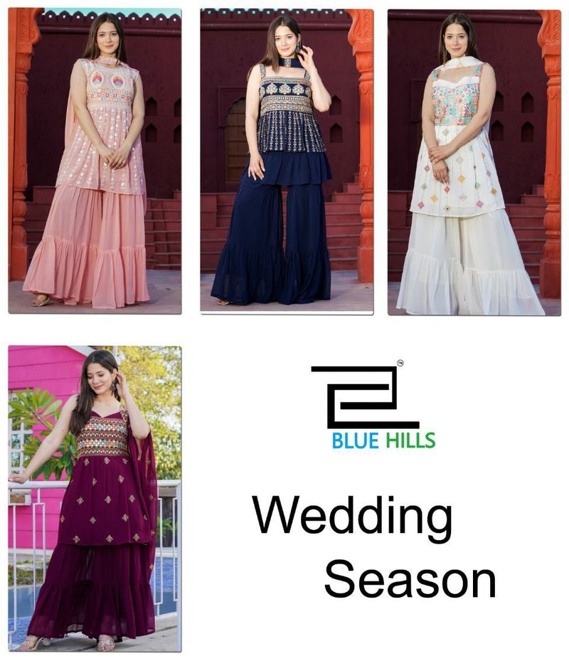 Blue Hills Wedding Season Fox Georgette Party Wear Designer Kurtis With Sharara Bottom & Dupatta