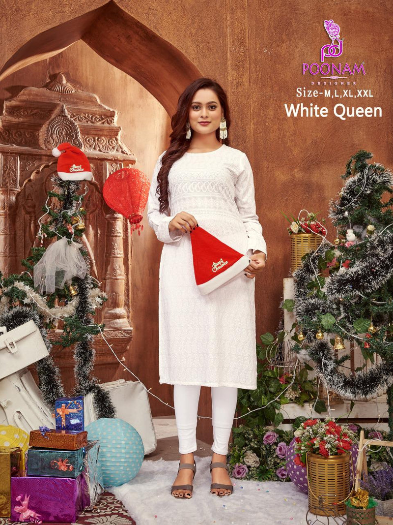 Poonam White Queen Rayon With Beautiful Work Stylish Designer Festive Wear Fancy Kurti