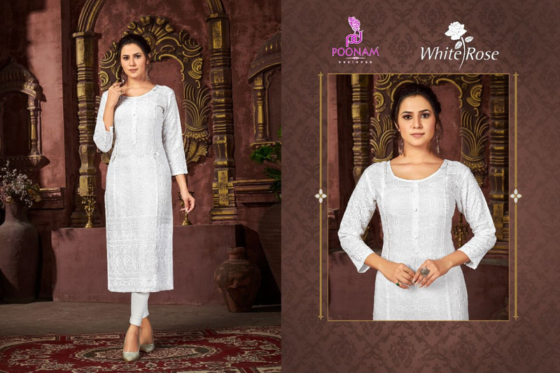 Poonam White Rose Rayon Causal Waer Salwaer Kameez