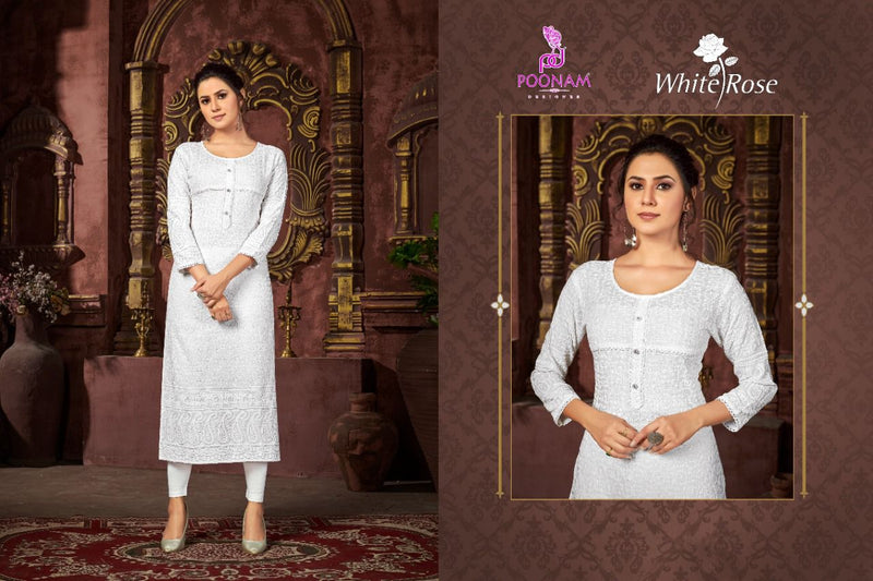 Poonam White Rose Rayon Causal Waer Salwaer Kameez