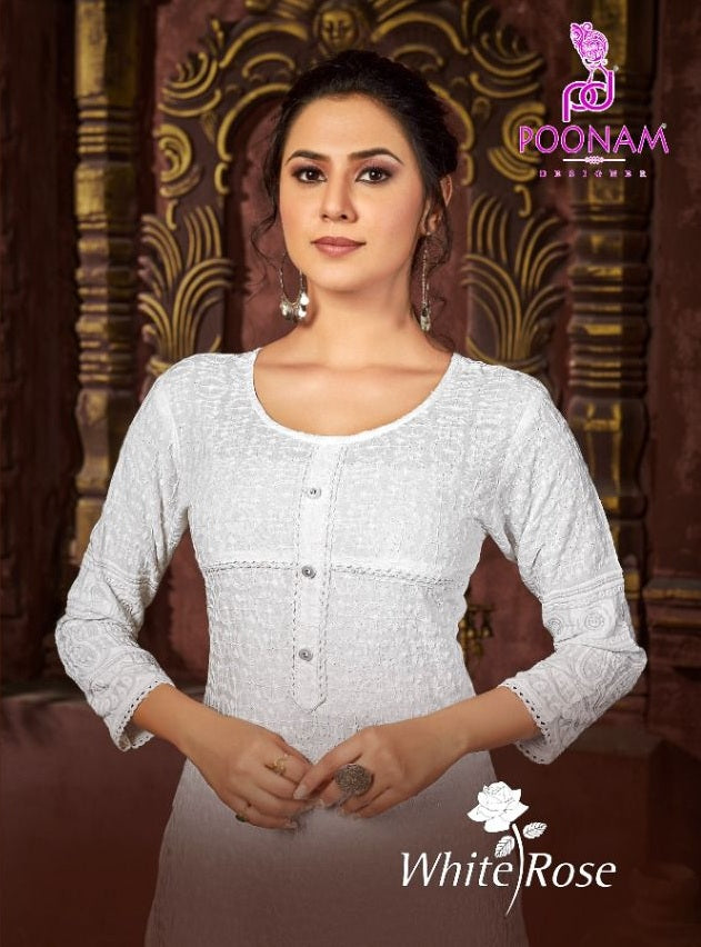 Poonam White Rose Rayon Causal Waer Salwaer Kameez