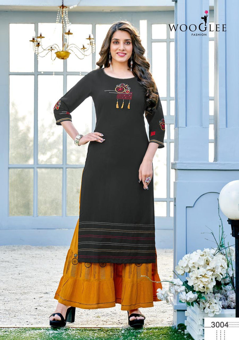 Wooglee Sunshine Chinon Fancy Party Wear Kurtis With Sharara Bottom