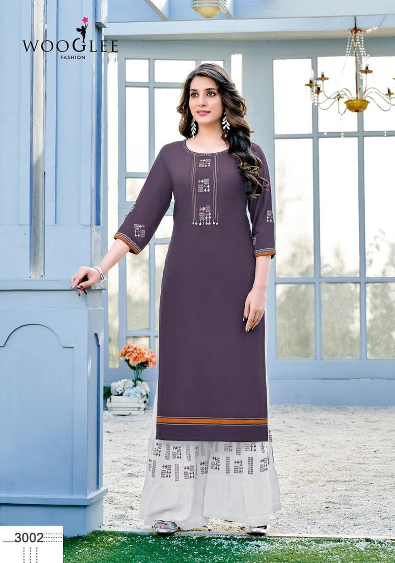 Wooglee Sunshine Chinon Fancy Party Wear Kurtis With Sharara Bottom