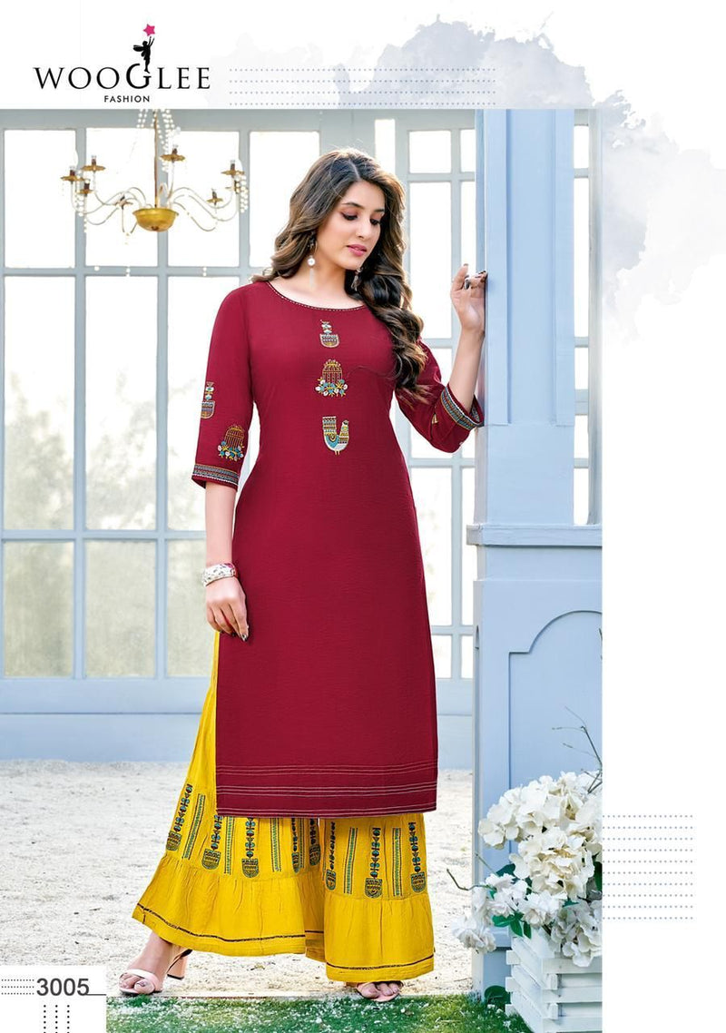 Wooglee Sunshine Chinon Fancy Party Wear Kurtis With Sharara Bottom