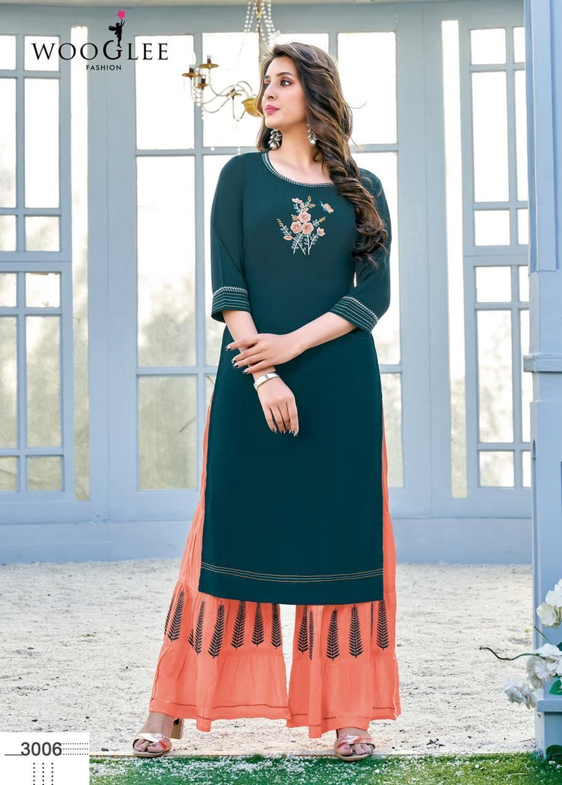 Wooglee Sunshine Chinon Fancy Party Wear Kurtis With Sharara Bottom