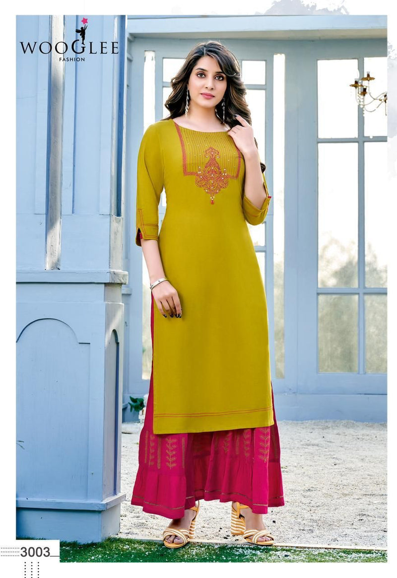 Wooglee Sunshine Chinon Fancy Party Wear Kurtis With Sharara Bottom