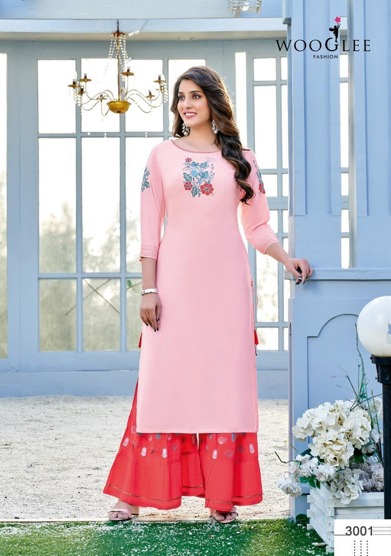 Wooglee Sunshine Chinon Fancy Party Wear Kurtis With Sharara Bottom