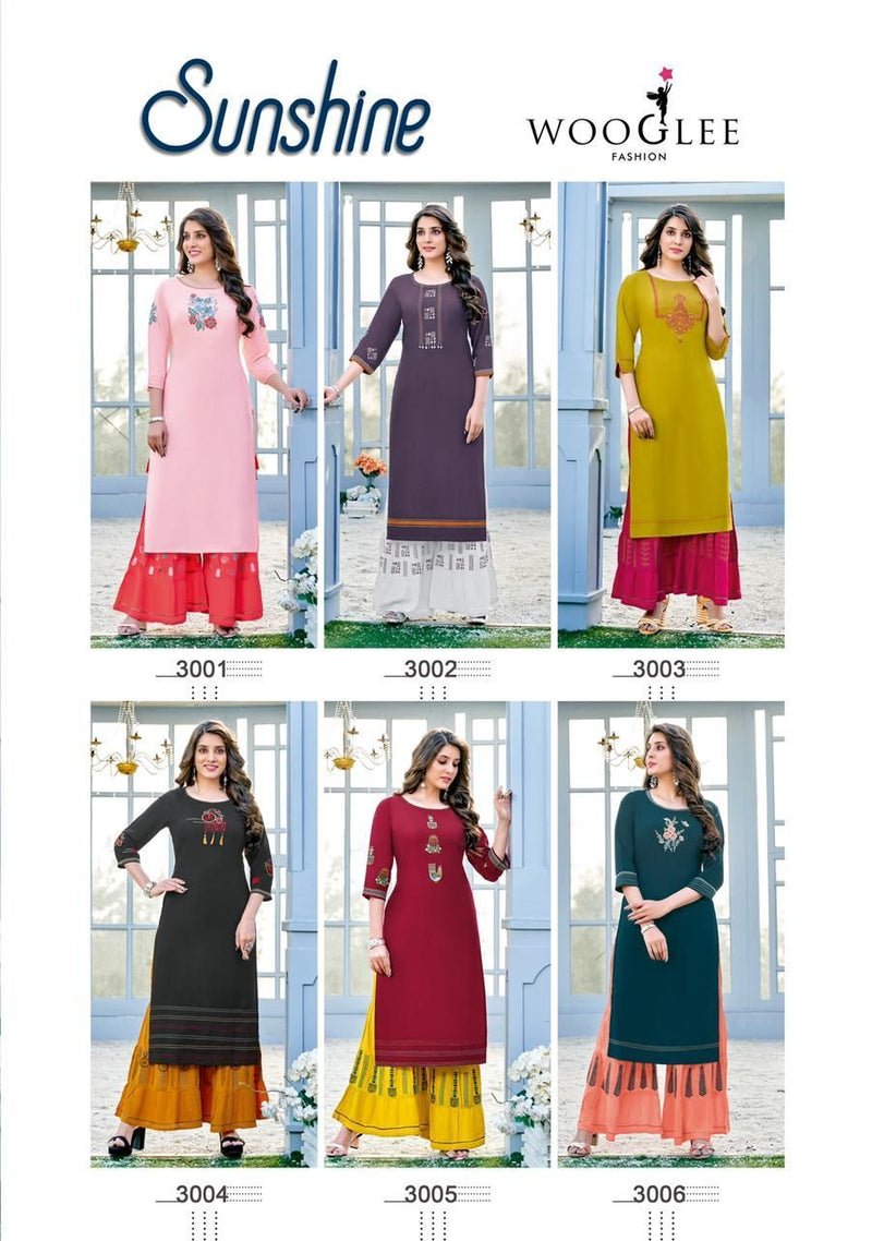 Wooglee Sunshine Chinon Fancy Party Wear Kurtis With Sharara Bottom