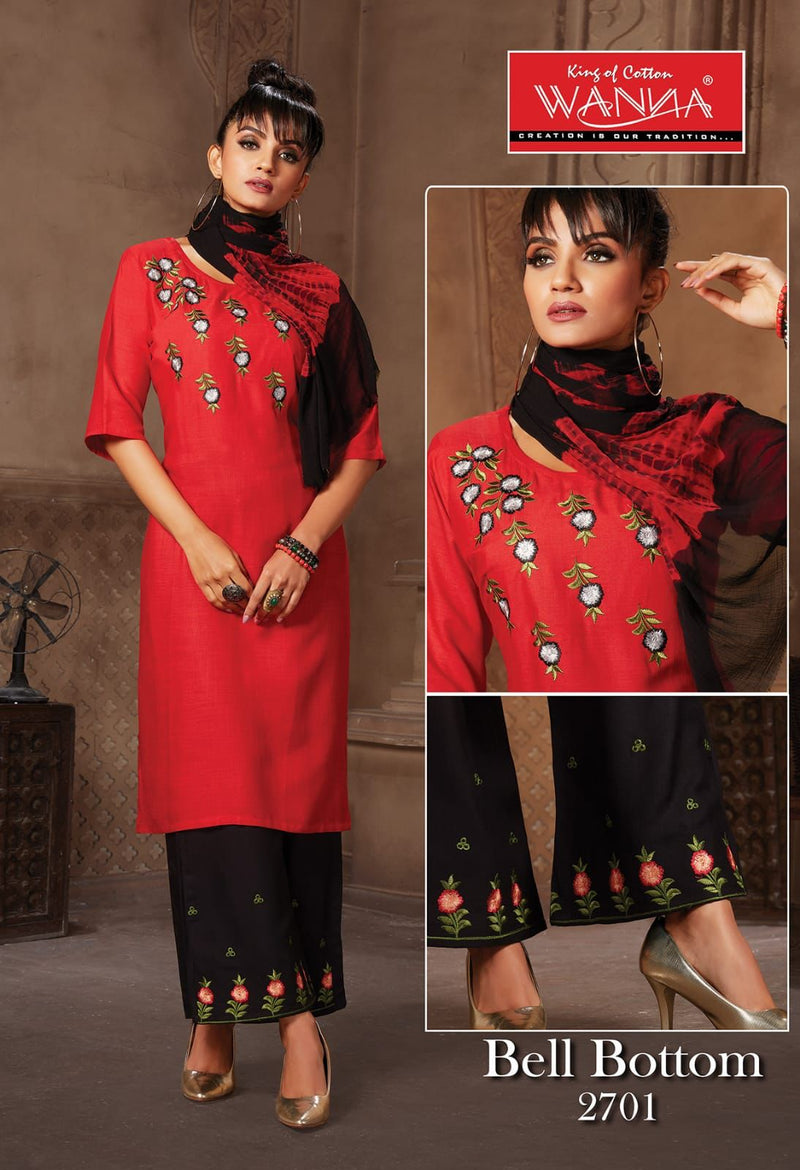 Wanna Launch Bell Bottom Rayon With Embroidery Work Designer Long Straight Fancy Kurtis