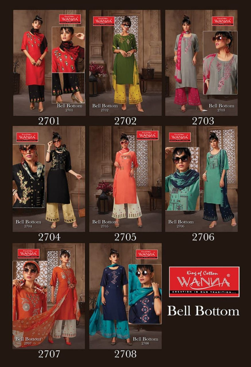 Wanna Launch Bell Bottom Rayon With Embroidery Work Designer Long Straight Fancy Kurtis