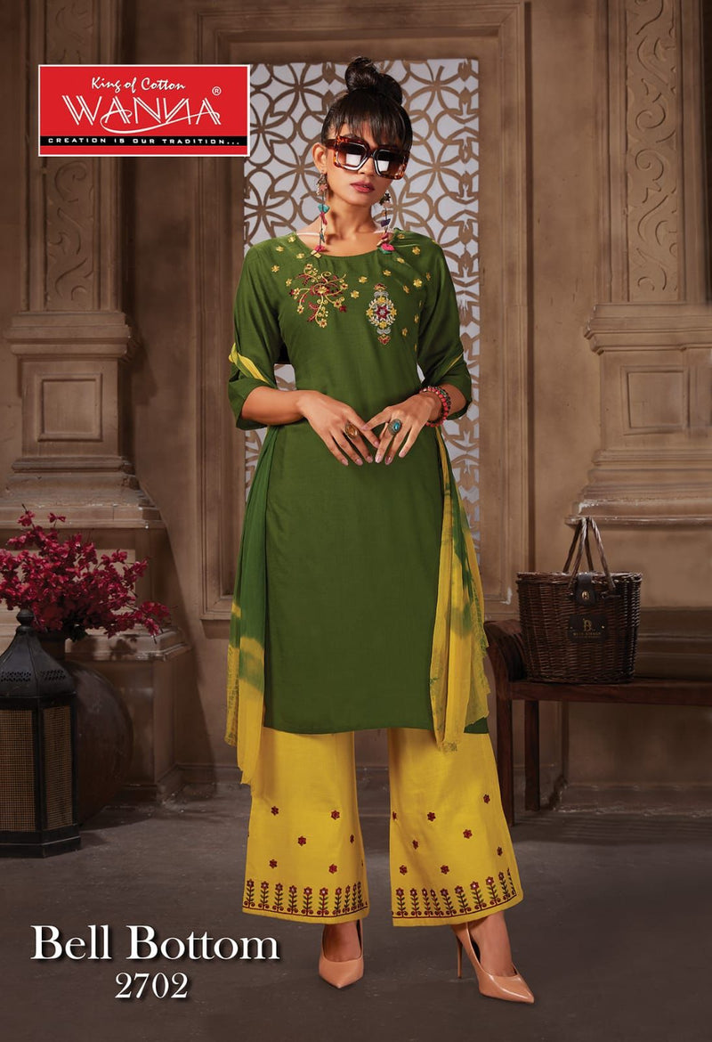 Wanna Launch Bell Bottom Rayon With Embroidery Work Designer Long Straight Fancy Kurtis