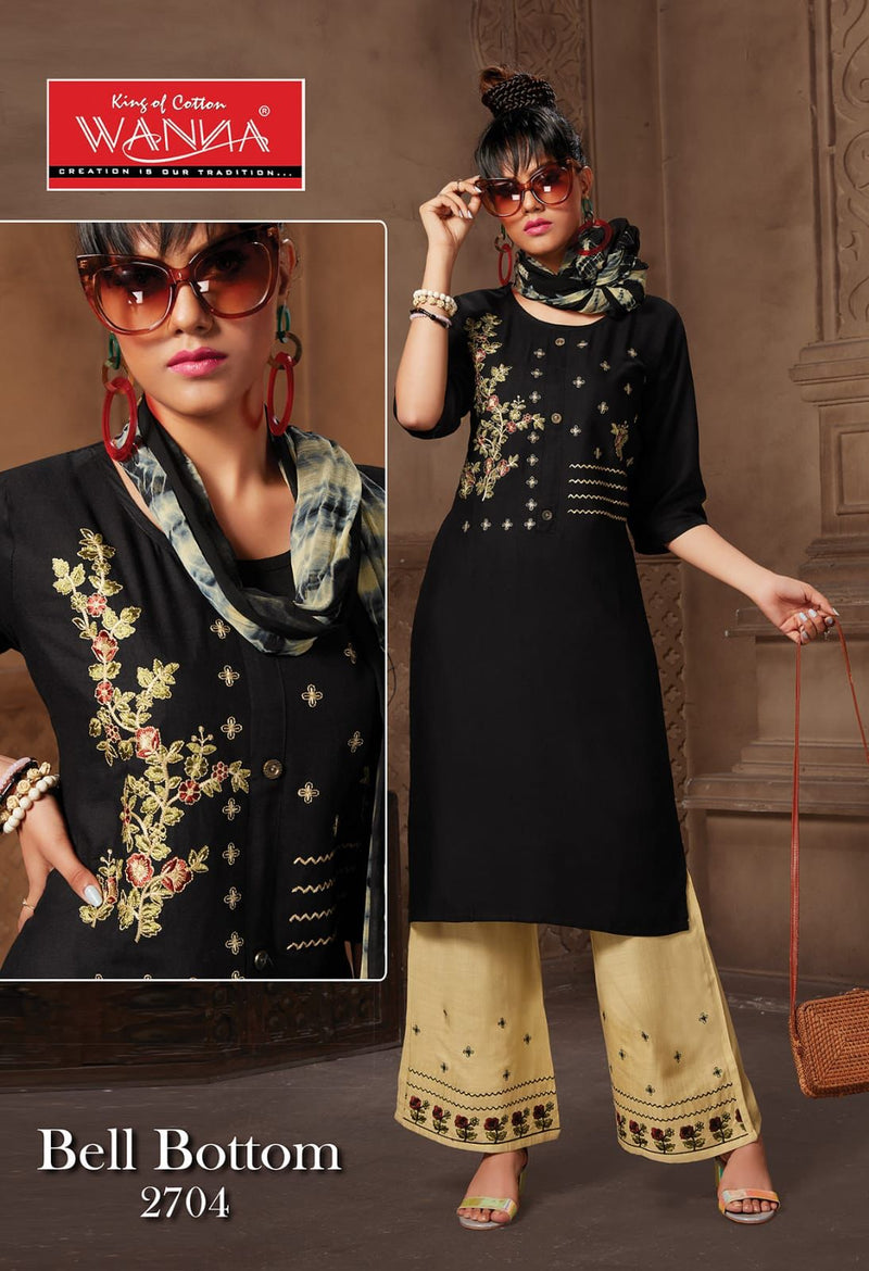 Wanna Launch Bell Bottom Rayon With Embroidery Work Designer Long Straight Fancy Kurtis